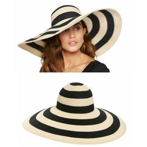 Eugenia Kim Sunny Stripe Woven Wide Brim Sun Hat Ivory Black One Size $395 NWOT